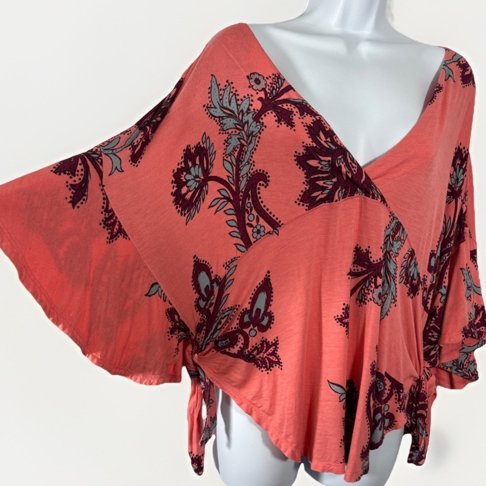 Free People Maui Wowie Printed Top XS Coral Pink Floral Boho Side Tie Surplice